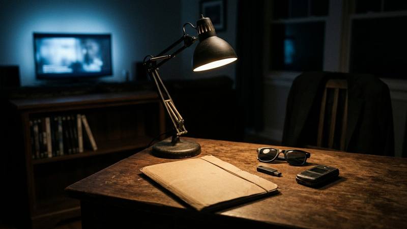 Dossier confidentiel posé sur un bureau sombre, éclairé par un écran, photo d'illustration évoquant une mission d'espionnage sans lien direct avec un film précis