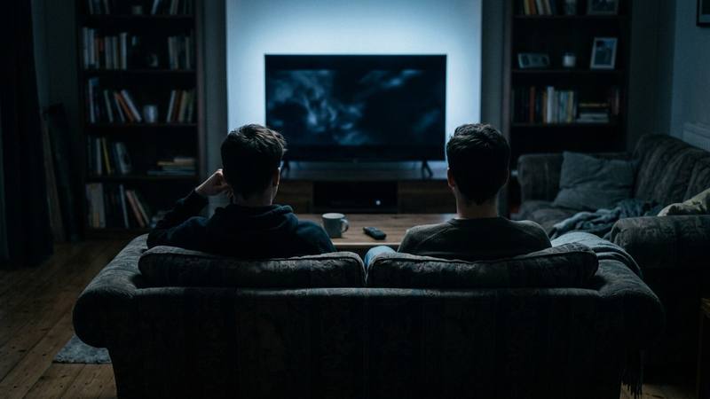 Deux silhouettes de frères assis côte à côte sur un canapé dans un salon sombre, éclairés par la lueur d'un écran, photo d'illustration sans lien direct avec le tournage du téléfilm