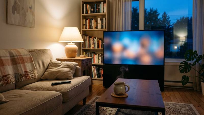 Salon le dimanche soir, plaid plié sur un canapé et télécommande posée devant un écran de télévision allumé, photo d'illustration sans programme identifiable