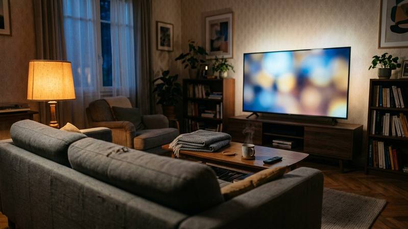 Salon plongé dans la pénombre le soir, canapé et télévision allumée dont l'écran éclaire la pièce, photo d'illustration sans programme identifiable
