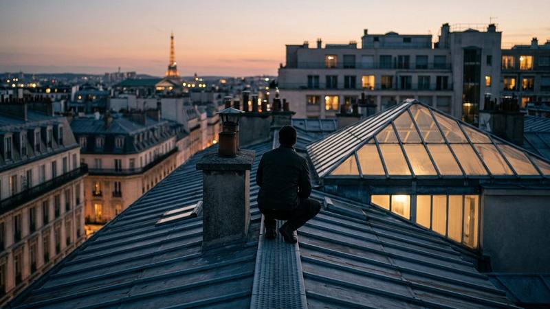 Toits de Paris au crépuscule, silhouette de dos sur une corniche face à une grande verrière éclairée, photo d'illustration sans lien direct avec la série