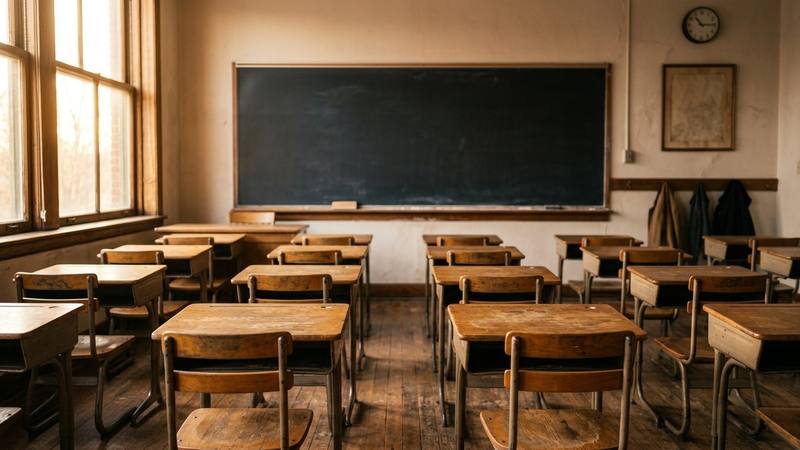 Salle de classe vide aux pupitres en bois, tableau noir vierge éclairé par la lumière d'une fenêtre, photo d'illustration sans lien direct avec l'émission