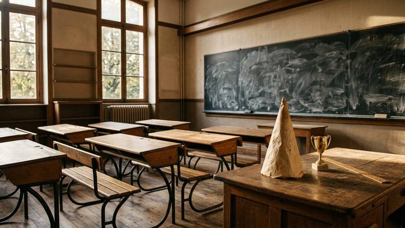 Salle de classe vide aux pupitres de bois, craie et bonnet d'âne en carton posés sur un bureau, lumière dorée en fin de journée, photo d'illustration sans personne identifiable