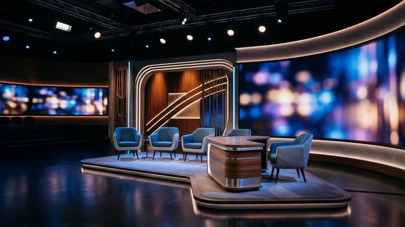 Plateau de talk-show d'access en début de soirée, pupitre et fauteuils sous les projecteurs, photo d'illustration sans personnalité identifiable