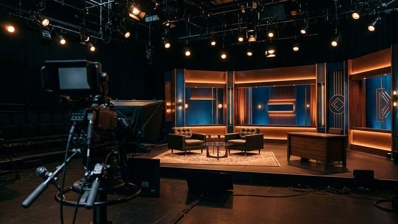 Plateau de talk-show de début de soirée, deux fauteuils face à face sous une lumière chaude et un pupitre vide, photo d'illustration sans personnalité identifiable