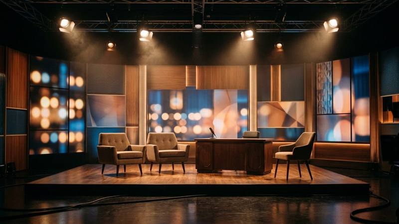 Plateau de télévision de talk-show, bureaux et fauteuils vides sous des projecteurs, photo d'illustration sans personnalité identifiable