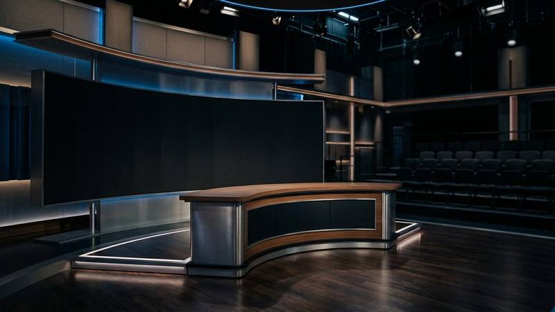 Plateau de talk-show d'access vide le soir, bureau de présentateur et écran éteint sous un éclairage bleuté, photo d'illustration sans texte ni personne identifiable