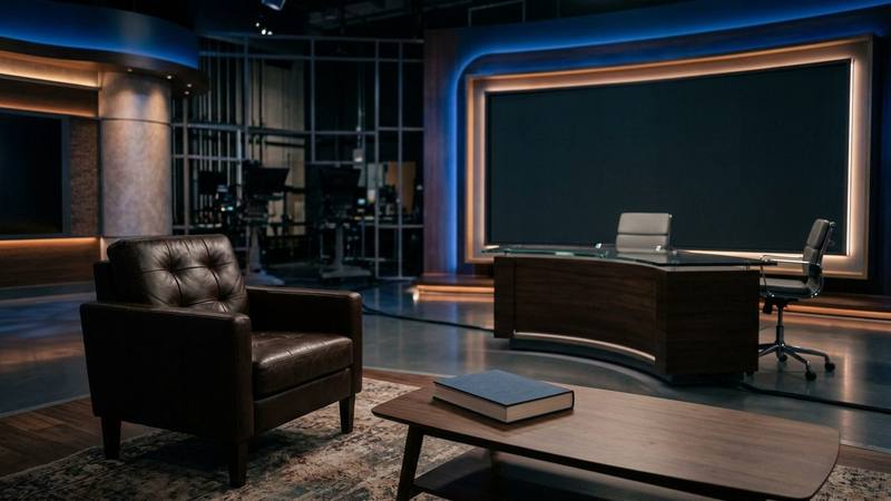 Plateau de talk-show d'information en soirée, fauteuil d'invité face au bureau du présentateur, un livre posé sur la table, éclairage bleuté, photo d'illustration sans texte ni personne identifiable