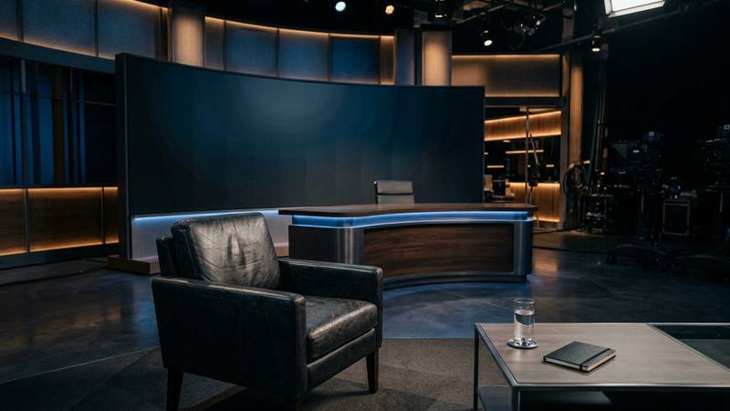 Plateau de talk-show d'information le soir, fauteuil d'invité face au bureau du présentateur, éclairage bleuté, photo d'illustration sans texte ni personne identifiable