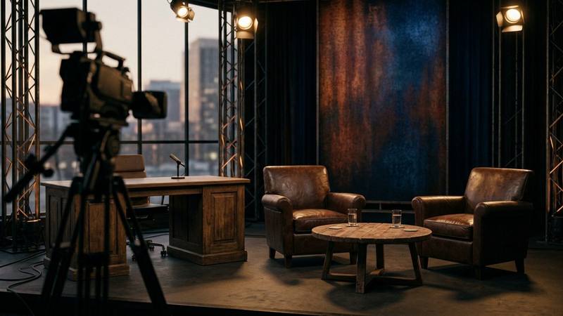 Plateau de talk-show de début de soirée, deux fauteuils face à face sous une lumière chaude et une affiche de cinéma floue en arrière-plan, photo d'illustration sans personnalité identifiable