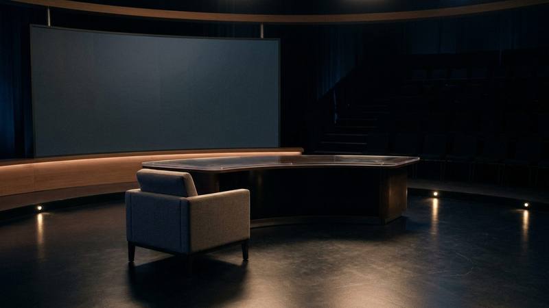 Plateau de talk-show d'information en soirée, fauteuil d'invité et bureau du présentateur vides, lumières tamisées, photo d'illustration sans texte ni personne identifiable