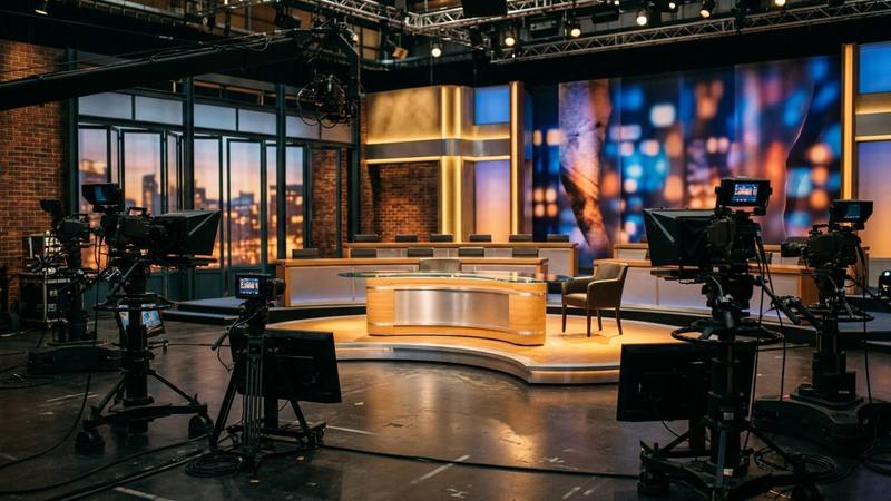 Plateau de talk-show en début de soirée, un pupitre de présentation éclairé et des fauteuils vides, photo d'illustration sans personnalité identifiable