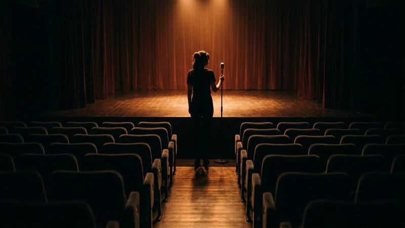 Humoriste de dos sur la scène d'un petit théâtre, micro sur pied sous un projecteur chaud, salle vide en contrechamp, photo d'illustration sans personne identifiable