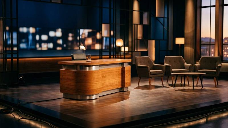 Plateau de talk-show en fin de semaine, fauteuils et pupitre sous des projecteurs chauds, photo d'illustration sans personnalité identifiable