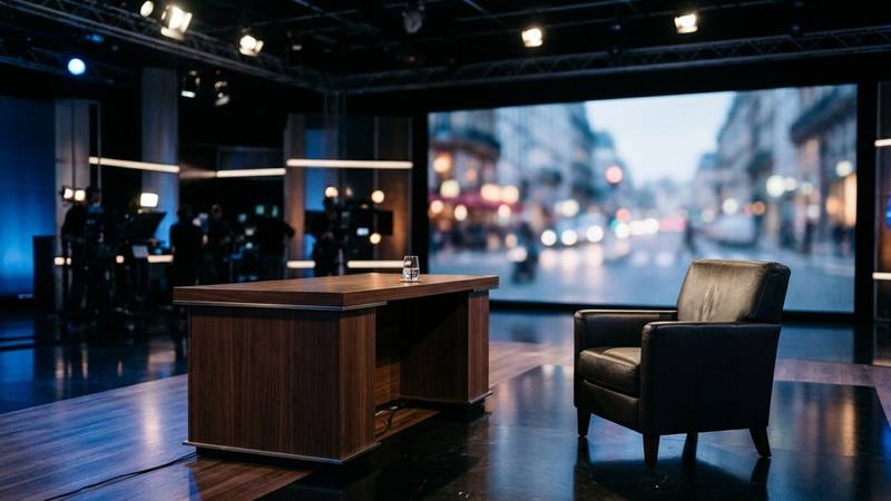 Plateau de talk-show d'information en soirée, fauteuil d'invité vide face au bureau du présentateur, écran flou en arrière-plan, éclairage bleuté, photo d'illustration sans texte ni personne identifiable