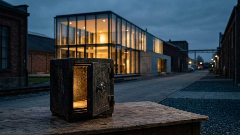 Façade vitrée d'une maison de télé-réalité éclairée la nuit, avec un coffre-fort entrouvert au premier plan, photo d'illustration sans lien direct avec une saison précise