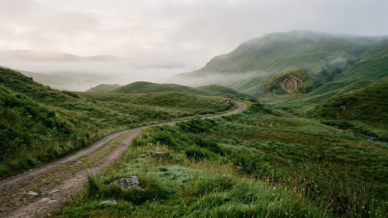 Sentier de terre entre des collines verdoyantes et brumeuses, avec une porte ronde creusée dans une colline au loin, paysage d'illustration sans lien direct avec un film précis
