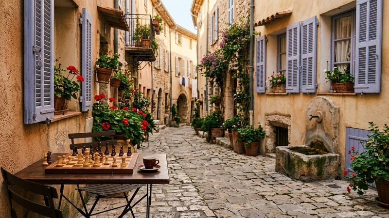 Ruelle ensoleillée d'une ville de Provence avec façades ocre et volets bleus, ambiance de fin de journée, photo d'illustration sans personne identifiable