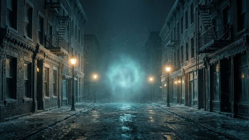 Rue de ville enneigée la nuit, halo bleuté et brume glacée entre les façades, lampadaires givrés, photo d'illustration sans texte, logo ni personne identifiable