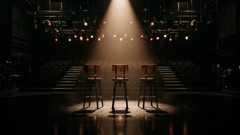 Trois tabourets vides alignés sous un projecteur dans une grande salle de spectacle plongée dans la pénombre, photo d'illustration sans personne identifiable