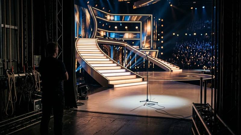 Studio de télévision vide avec un grand escalier lumineux et un micro sur pied au centre de la scène, photo d'illustration sans lien direct avec une personnalité