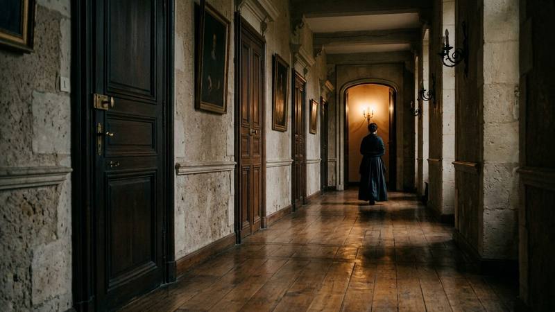 Un couloir de château éclairé en soirée, avec des portes closes et une lumière chaude au fond, photo d'illustration sans lien direct avec les personnes citées