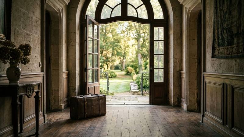 Couloir d'un château au petit matin, valise fermée posée près d'une grande porte vitrée ouverte sur un jardin, photo d'illustration sans texte ni personne identifiable