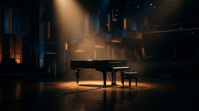 Plateau de télévision vide avec un piano à queue au centre sous un faisceau de lumière douce, gradins dans l'ombre, photo d'illustration sans texte ni personne identifiable
