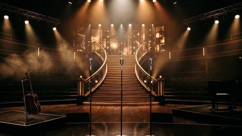 Plateau de télévision de prime-time vide avant un direct, escalier scénique et micros sur pied éclairés par des projecteurs, gradins dans la pénombre, photo d'illustration sans texte ni personne identifiable
