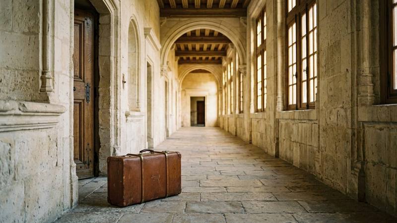 Couloir vide d'un château aux murs de pierre éclairé en fin de journée, valise posée près d'une porte, photo d'illustration sans personne identifiable