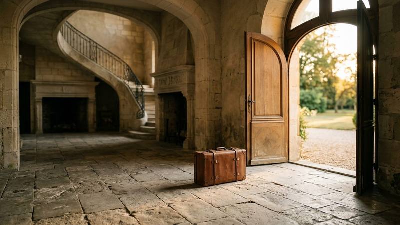 Valise fermée posée dans le hall d'un château aux murs de pierre, lumière douce de fin d'après-midi, photo d'illustration sans personne identifiable