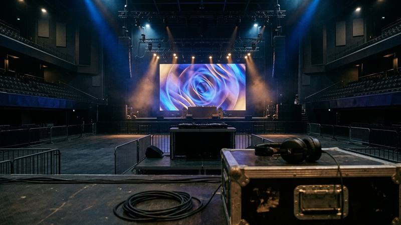 Grande salle de concert vide avant un spectacle, scène éclairée et platines de DJ sous les projecteurs, photo d'illustration sans personne identifiable
