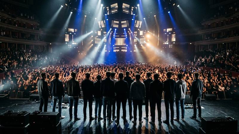Grande salle de concert comble vue depuis la scène, faisceaux lumineux et foule levant les bras, photo d'illustration sans personne identifiable