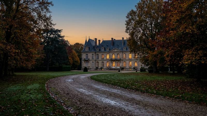 Façade d'un château entouré d'arbres aux teintes d'automne au crépuscule, fenêtres éclairées, photo d'illustration sans texte ni personne identifiable