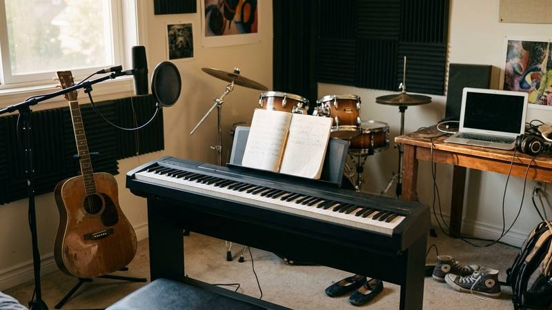 Piano droit, guitare posée sur un support et petite batterie dans une chambre transformée en studio d'enregistrement, photo d'illustration sans personne identifiable