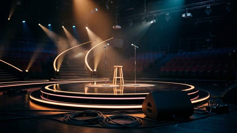 Scène de télévision vide avant un direct, projecteurs allumés, deux micros sur pied et un tabouret, photo d'illustration sans personne identifiable