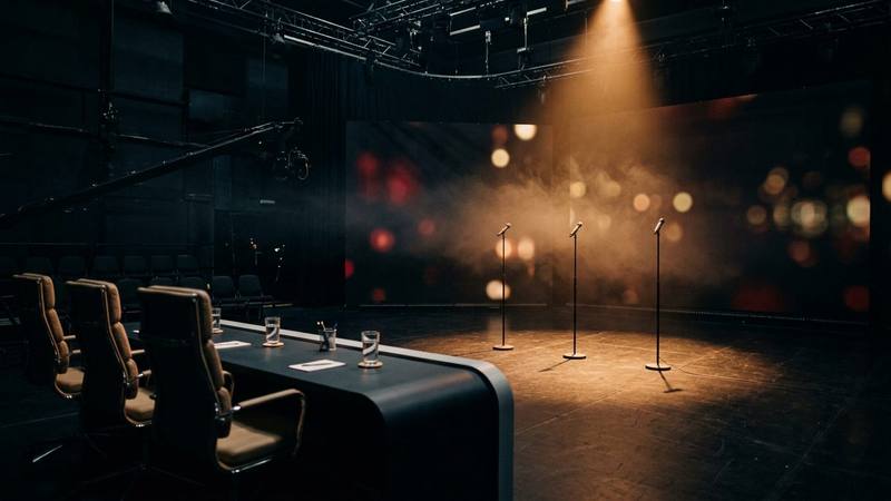 Plateau de télévision après un direct, trois micros sur pied et un fauteuil de jury sous des projecteurs tamisés, photo d'illustration sans personne identifiable