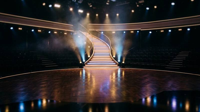 Plateau de télévision de prime-time vide la nuit, grand escalier scénique éclairé par des projecteurs dorés, gradins plongés dans la pénombre, photo d'illustration sans texte ni personne identifiable