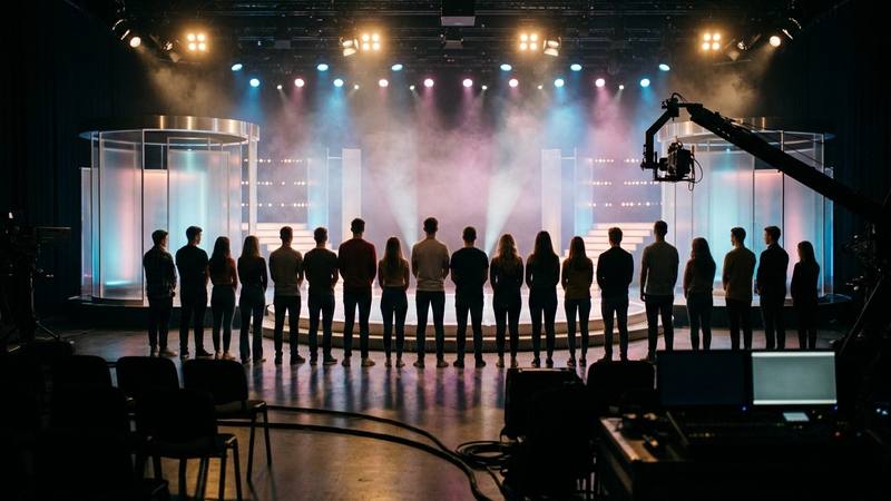 Dix-sept silhouettes vues de dos, face à la scène éclairée d'un plateau de télévision, photo d'illustration sans lien direct avec les élèves