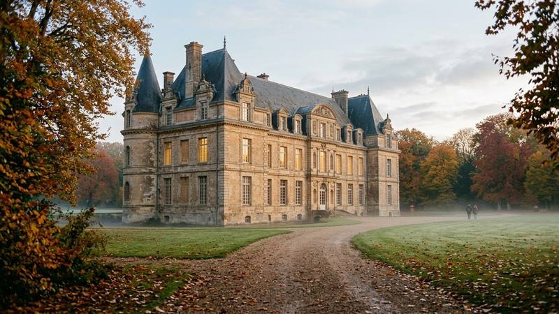 Façade d'un château entourée d'arbres aux teintes d'automne au petit matin, fenêtres éclairées, photo d'illustration sans texte ni personne identifiable