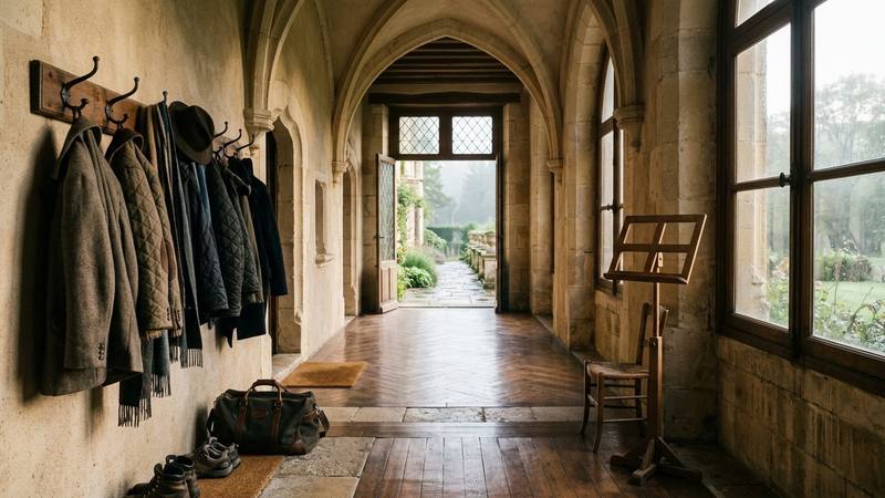 Couloir d'un château avec une grande porte vitrée ouverte sur un jardin au petit matin, lumière douce, photo d'illustration sans personne identifiable