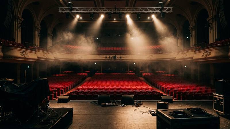 Grande salle de concert vue depuis la scène, rangées de sièges vides et faisceaux lumineux dans la fumée, photo d'illustration sans lien direct avec la tournée