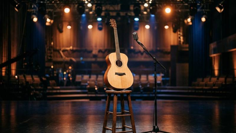 Guitare acoustique posée sur un tabouret au centre d'un plateau de télévision vide, projecteurs allumés, photo d'illustration sans personne identifiable