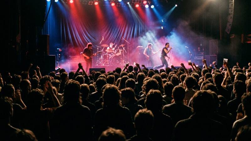 Grande salle de concert vue depuis la fosse, scène éclairée de projecteurs rouges et bleus, public en silhouette, photo d'illustration sans lien direct avec l'émission