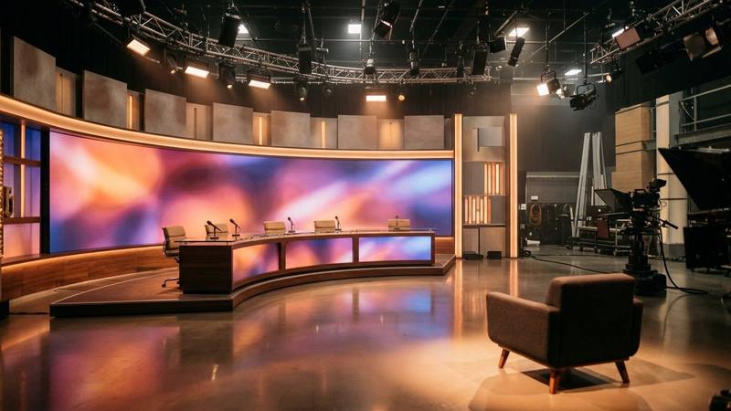 Plateau de talk-show de télévision aux lumières chaudes, fauteuils vides autour d'une table basse, photo d'illustration sans lien direct avec les invités de l'émission