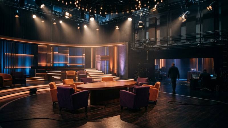 Grande table de talk-show vide, entourée de fauteuils colorés sous des projecteurs, photo d'illustration sans lien direct avec les chroniqueurs de l'émission