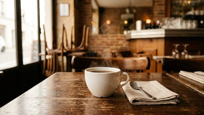 Tasse de café fumante posée sur une table de bistrot en bois, lumière chaude de fin de journée, photo d'illustration sans lien direct avec les personnes citées