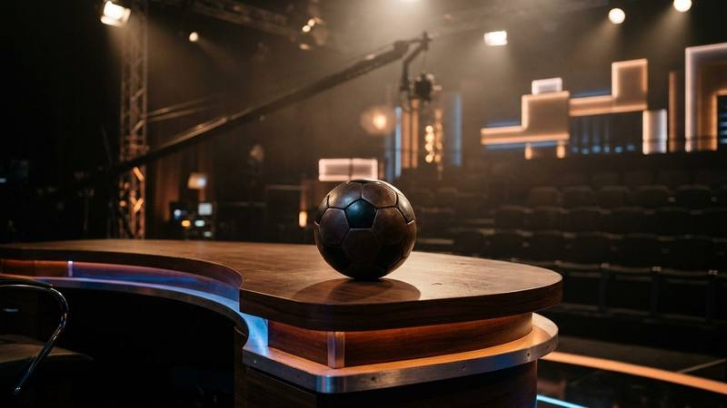 Ballon de football posé sur le pupitre d'un plateau de télévision éclairé par des projecteurs, gradins dans l'ombre, photo d'illustration sans texte ni personne identifiable
