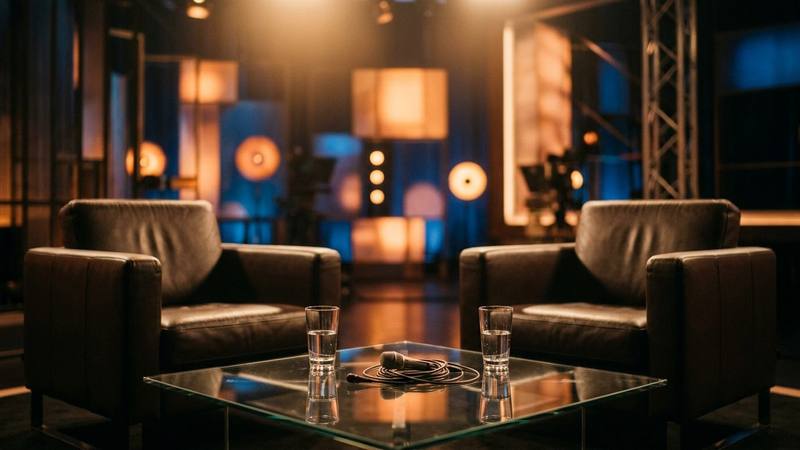 Deux fauteuils de plateau de télévision face à face sous des projecteurs chauds, studio vide, photo d'illustration sans lien direct avec les animateurs concernés