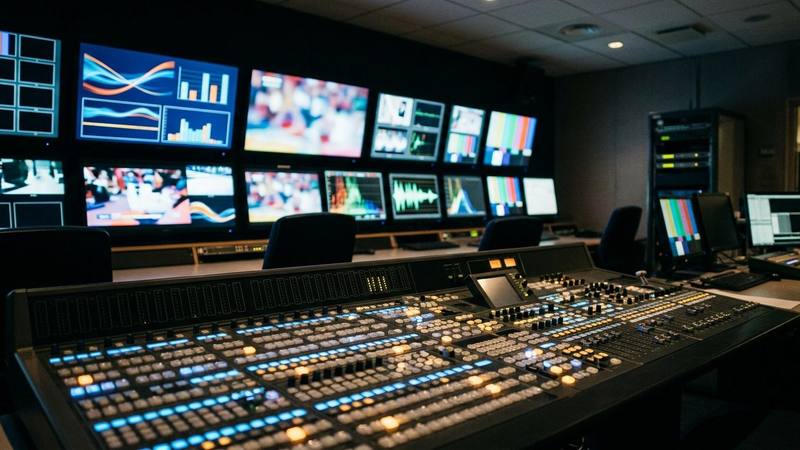 Régie de télévision plongée dans la pénombre, rangée d'écrans de contrôle allumés affichant des courbes ascendantes, photo d'illustration sans lien direct avec une émission précise